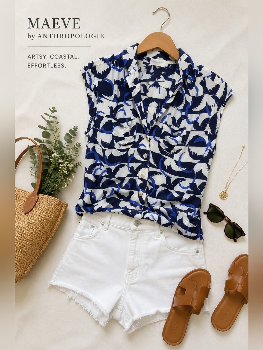 Maeve Anthropologie Bird Print Button Front Blouse XS Blue White Sleeveless Top